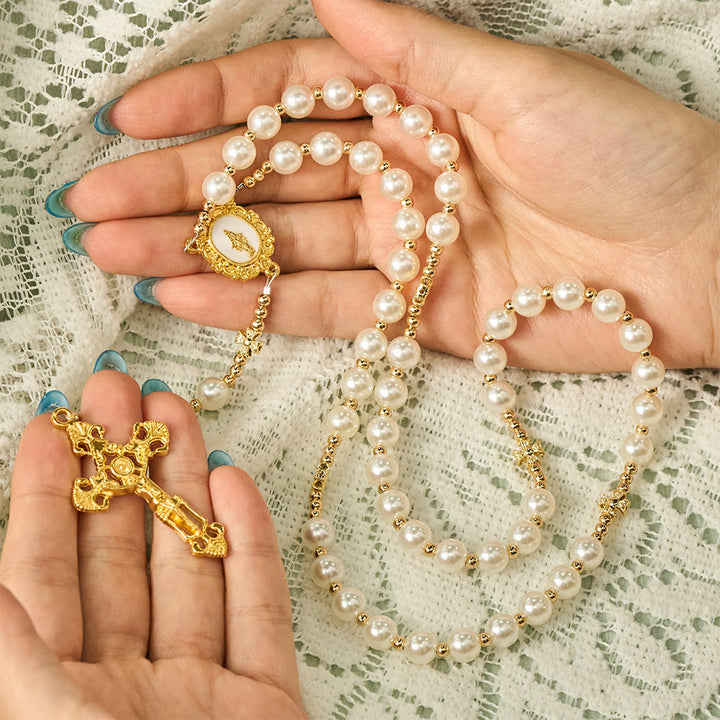 SolaceBeads Pearl &amp; Golden Clover Artistic Rosary With Miraculous Medal: The Blessed Grace - image 1
