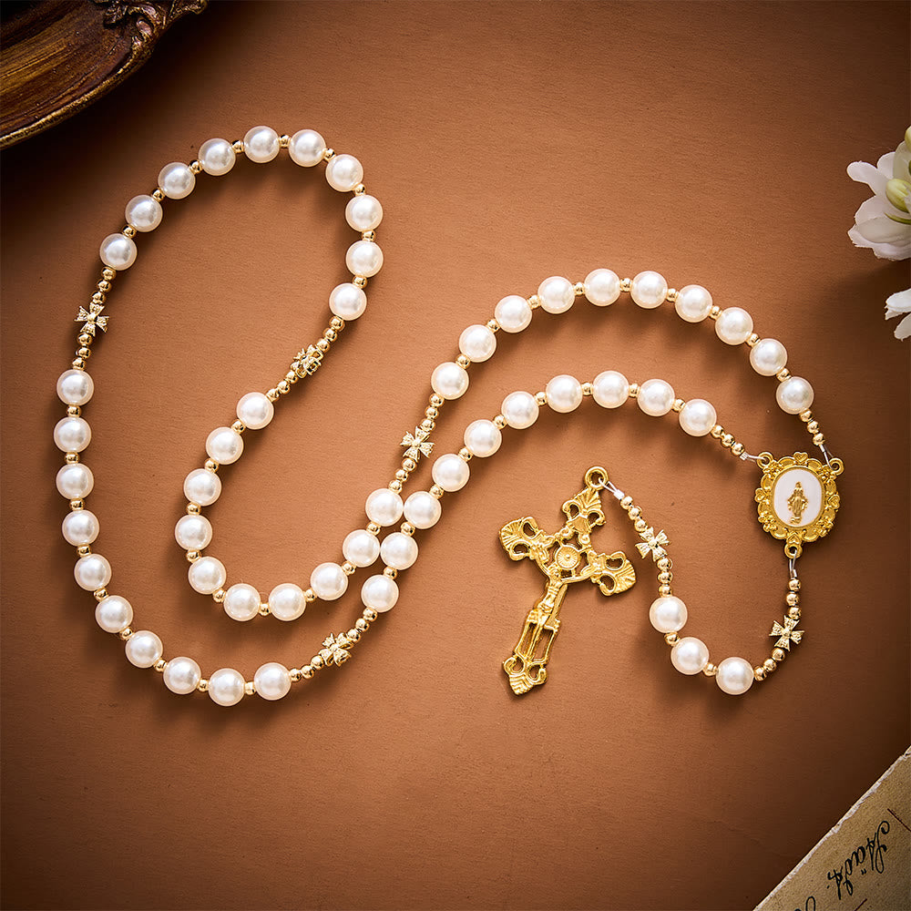 SolaceBeads Pearl &amp; Golden Clover Artistic Rosary With Miraculous Medal: The Blessed Grace - image 7