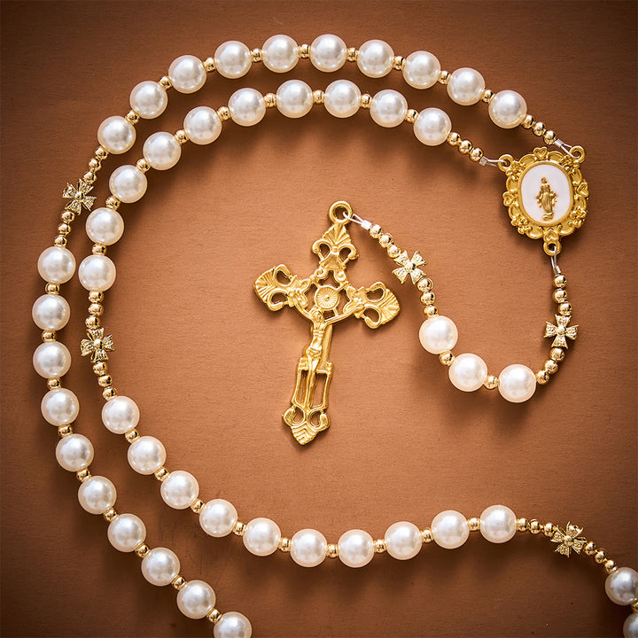 SolaceBeads Pearl &amp; Golden Clover Artistic Rosary With Miraculous Medal: The Blessed Grace - image 6