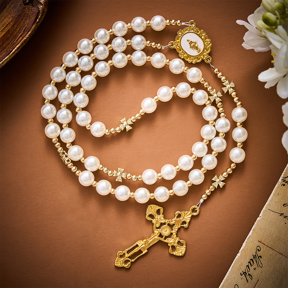 SolaceBeads Pearl &amp; Golden Clover Artistic Rosary With Miraculous Medal: The Blessed Grace - White - image 0