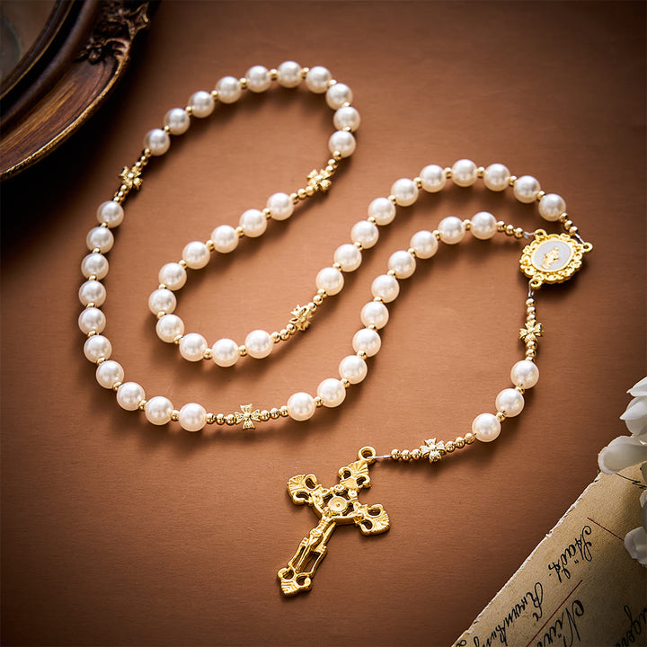 SolaceBeads Pearl &amp; Golden Clover Artistic Rosary With Miraculous Medal: The Blessed Grace - image 9
