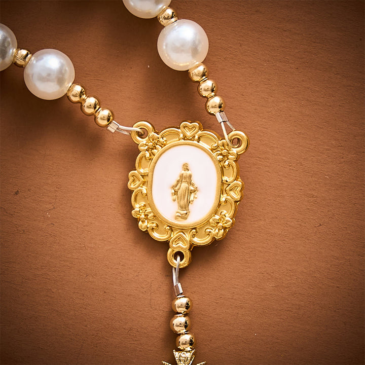 SolaceBeads Pearl &amp; Golden Clover Artistic Rosary With Miraculous Medal: The Blessed Grace - image 3