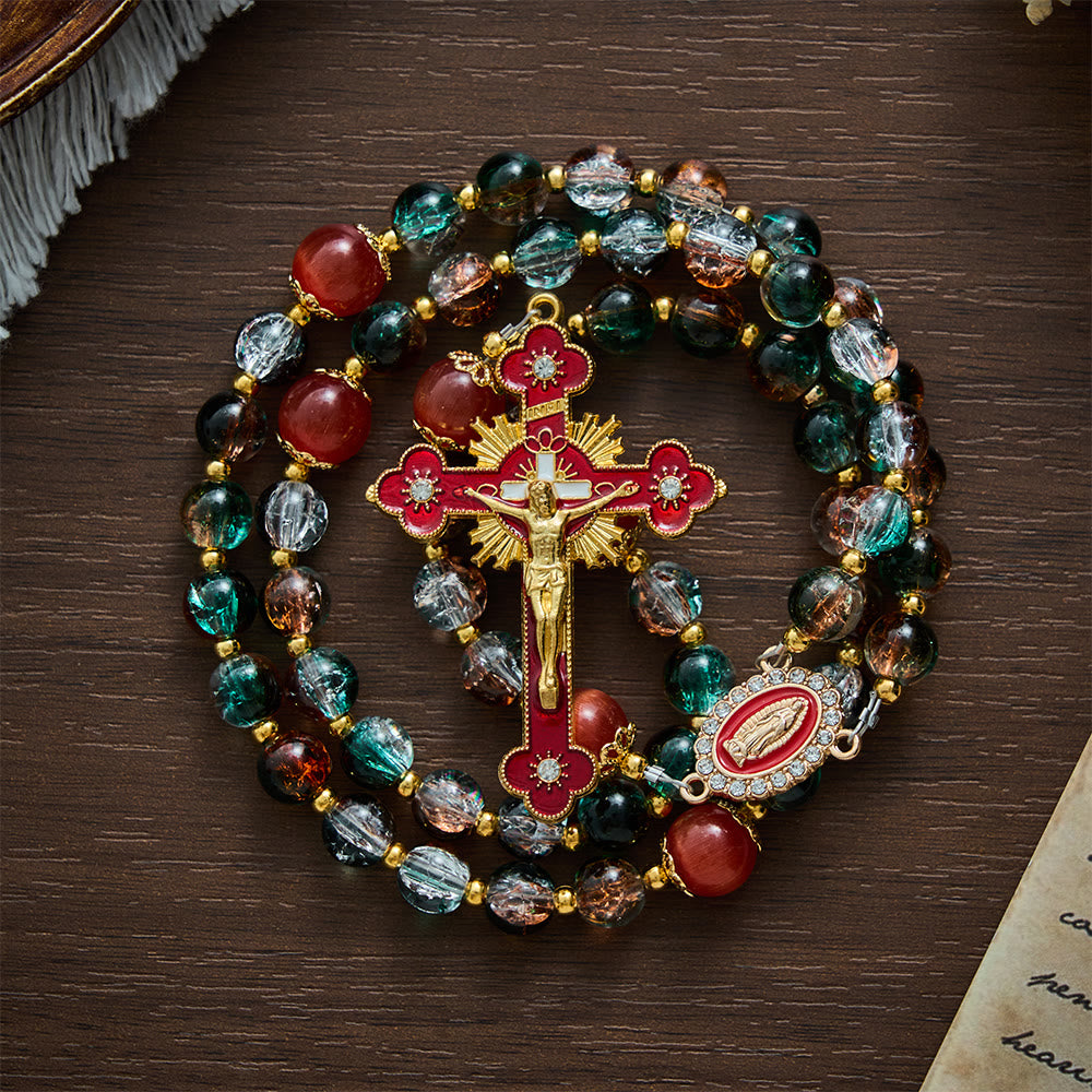 SolaceBeads Christmas Festive Glass &amp; Red Cat Eye Guadalupe Glass Rosary: Joyous Hope, Heavenly Comfort - image 8