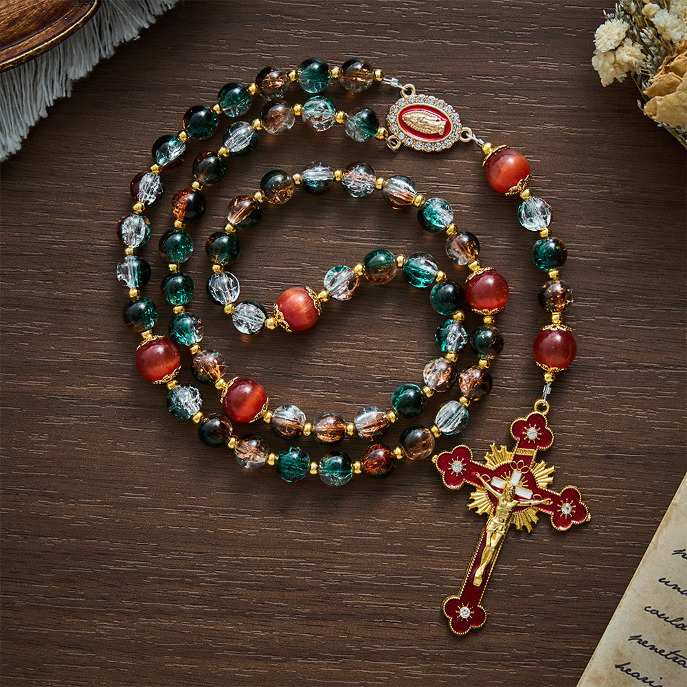 SolaceBeads Christmas Festive Glass &amp; Red Cat Eye Guadalupe Glass Rosary: Joyous Hope, Heavenly Comfort - image 3