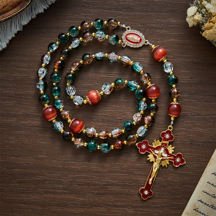SolaceBeads Christmas Festive Glass &amp; Red Cat Eye Guadalupe Glass Rosary: Joyous Hope, Heavenly Comfort - image 3