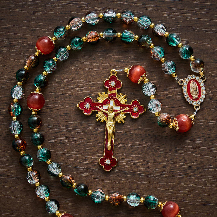 SolaceBeads Christmas Festive Glass &amp; Red Cat Eye Guadalupe Glass Rosary: Joyous Hope, Heavenly Comfort - image 4