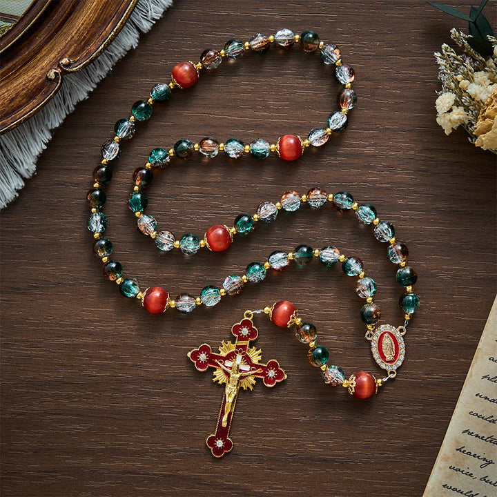 SolaceBeads Christmas Festive Glass &amp; Red Cat Eye Guadalupe Glass Rosary: Joyous Hope, Heavenly Comfort - image 2