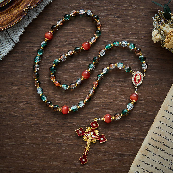 SolaceBeads Christmas Festive Glass &amp; Red Cat Eye Guadalupe Glass Rosary: Joyous Hope, Heavenly Comfort - Red&amp;Green - image 0