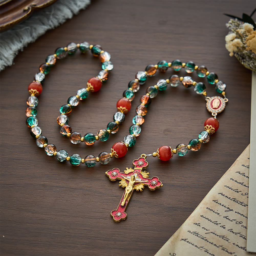 SolaceBeads Christmas Festive Glass &amp; Red Cat Eye Guadalupe Glass Rosary: Joyous Hope, Heavenly Comfort - image 9
