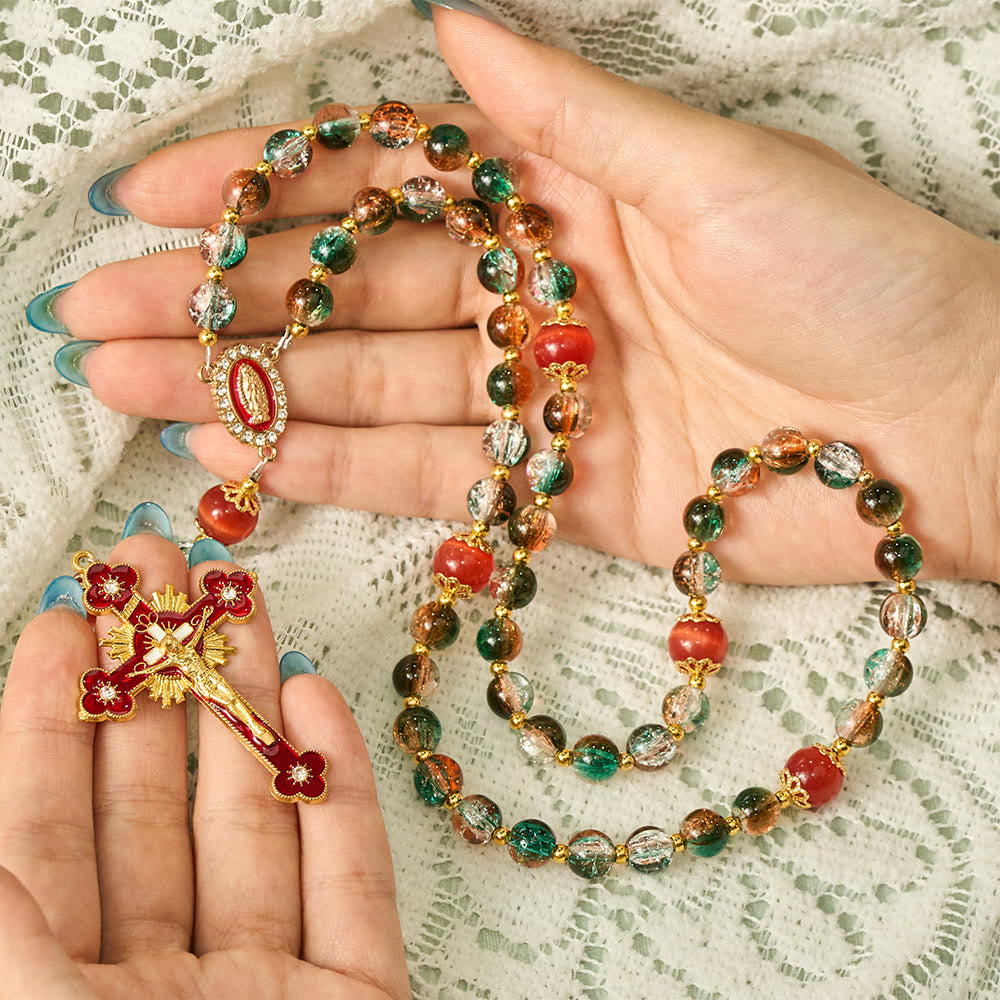 SolaceBeads Christmas Festive Glass &amp; Red Cat Eye Guadalupe Glass Rosary: Joyous Hope, Heavenly Comfort - image 1