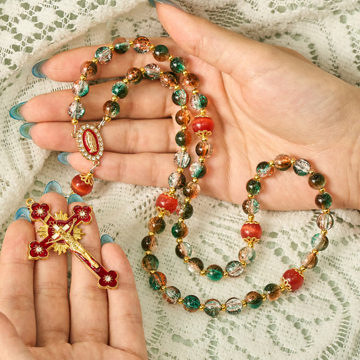 SolaceBeads Christmas Festive Glass &amp; Red Cat Eye Guadalupe Glass Rosary: Joyous Hope, Heavenly Comfort - image 1