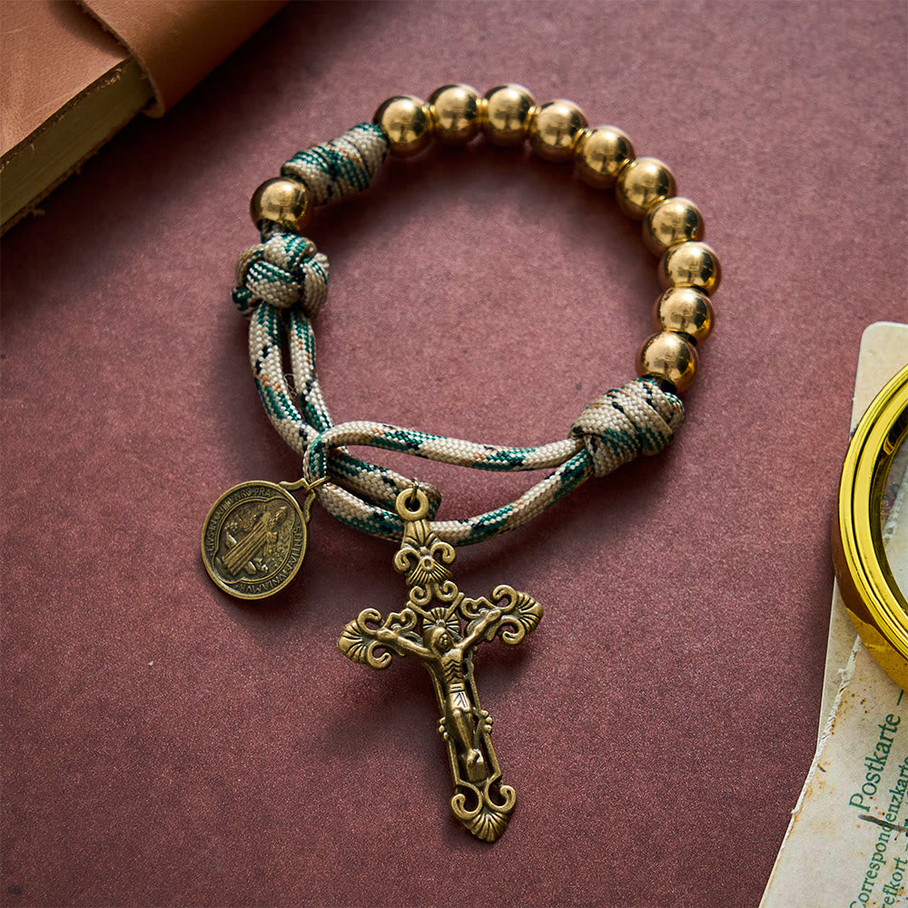 SolaceBeads Gold Metal Pocket Rosary With Antique Bronze St. Benedict Medal:The Timeless Protection - Gold - image 0