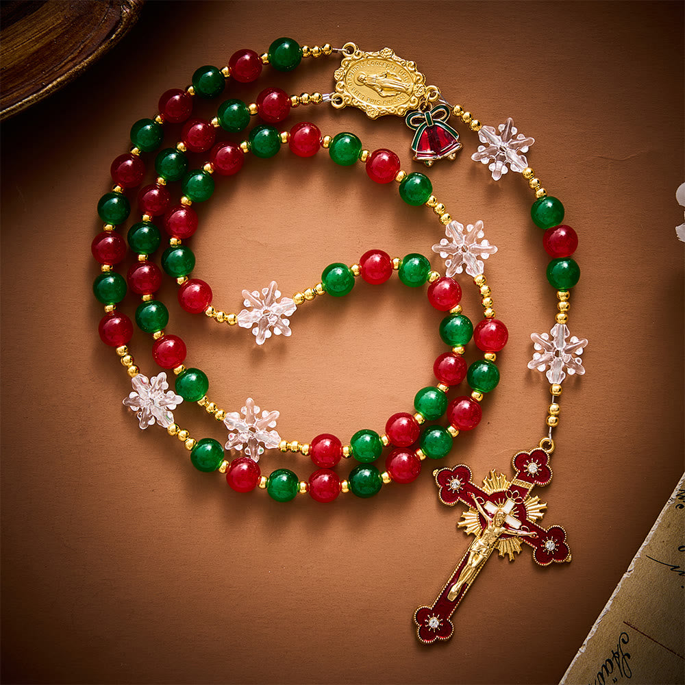 SolaceBeads Glass &amp; Snowflake Miraculous Medal Artistic Rosary: Radiant Joy, Festive Grace - Red &amp; Green - image 0