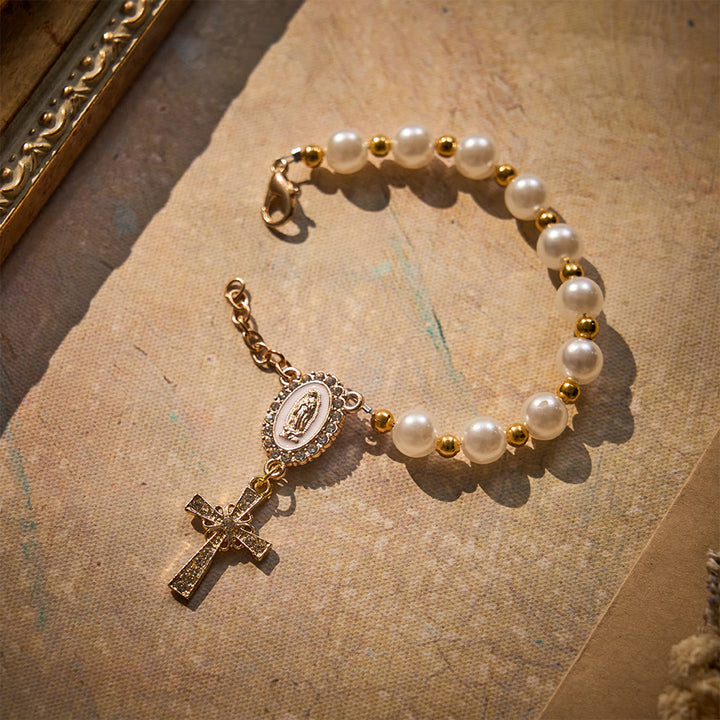 SolaceBeads Pearl Car Rosary With Guadalupe Medal &amp; Rhinestone Cross: Faith In Your Travel - image 5