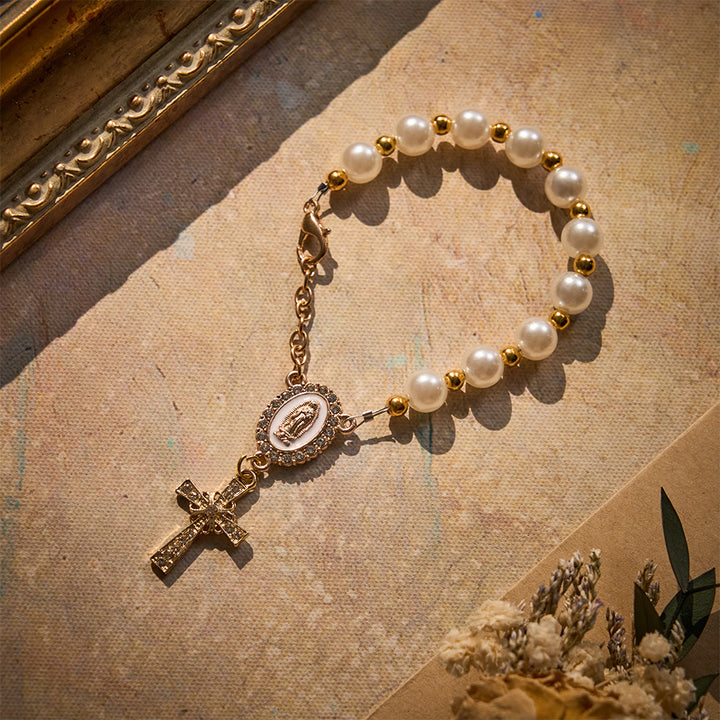 SolaceBeads Pearl Car Rosary With Guadalupe Medal &amp; Rhinestone Cross: Faith In Your Travel - image 6