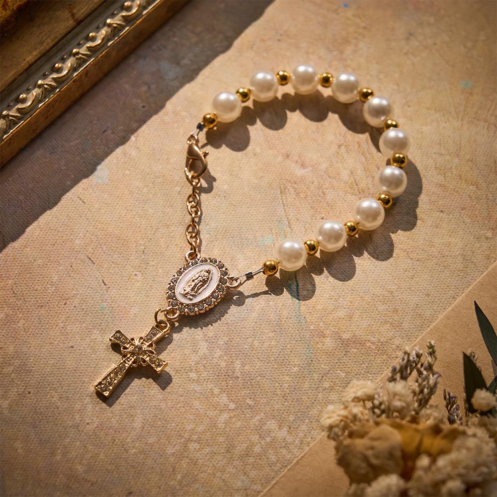 SolaceBeads Pearl Car Rosary With Guadalupe Medal &amp; Rhinestone Cross: Faith In Your Travel - White - image 0