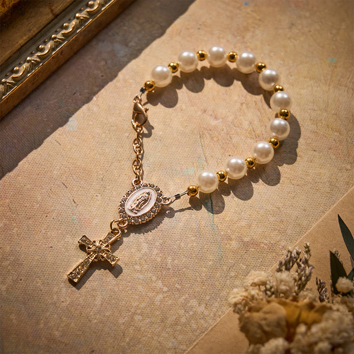 SolaceBeads Pearl Car Rosary With Guadalupe Medal &amp; Rhinestone Cross: Faith In Your Travel - White - image 0