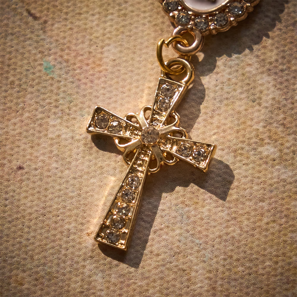 SolaceBeads Pearl Car Rosary With Guadalupe Medal &amp; Rhinestone Cross: Faith In Your Travel - image 4