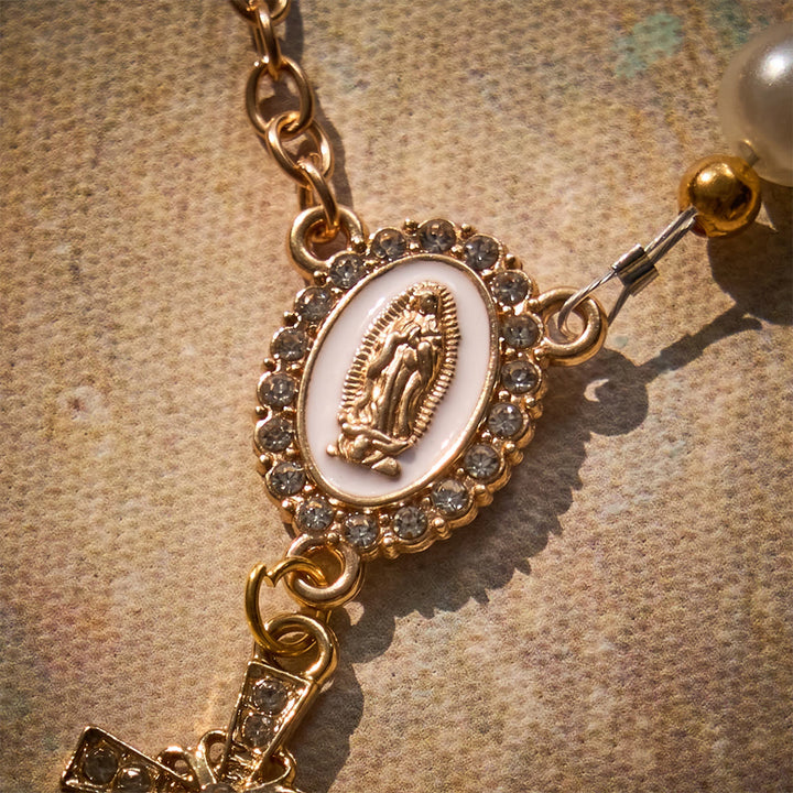 SolaceBeads Pearl Car Rosary With Guadalupe Medal &amp; Rhinestone Cross: Faith In Your Travel - image 3