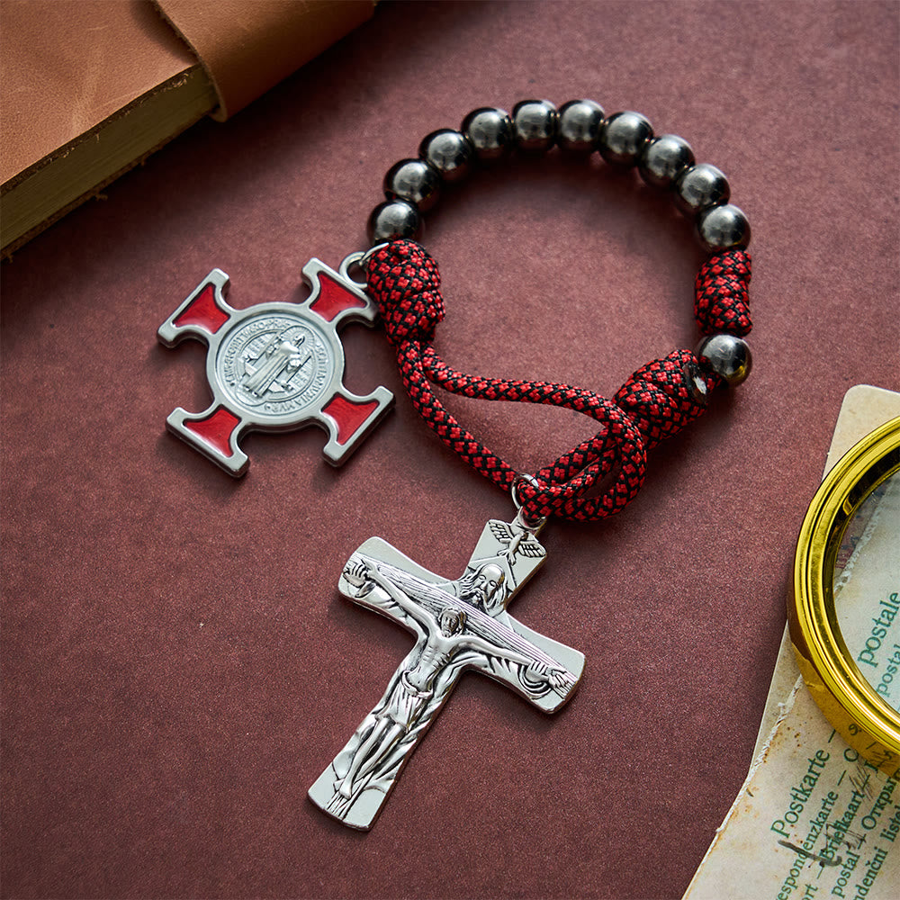 SolaceBeads Metallic Gunmetal Beads Holy Trinity Crucifix &amp; St. Benedict Pocket Rosary: Divine Strength - image 8