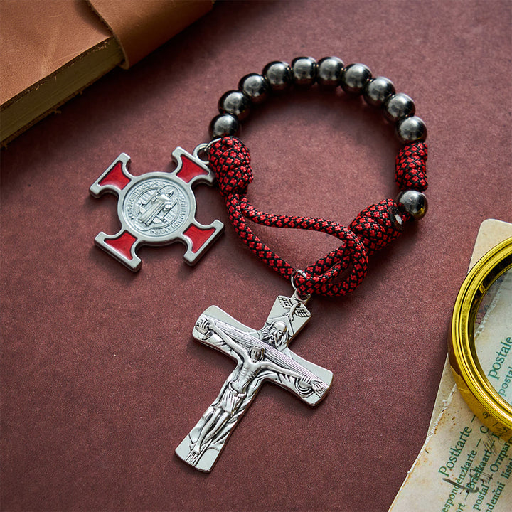 SolaceBeads Metallic Gunmetal Beads Holy Trinity Crucifix &amp; St. Benedict Pocket Rosary: Divine Strength - image 8