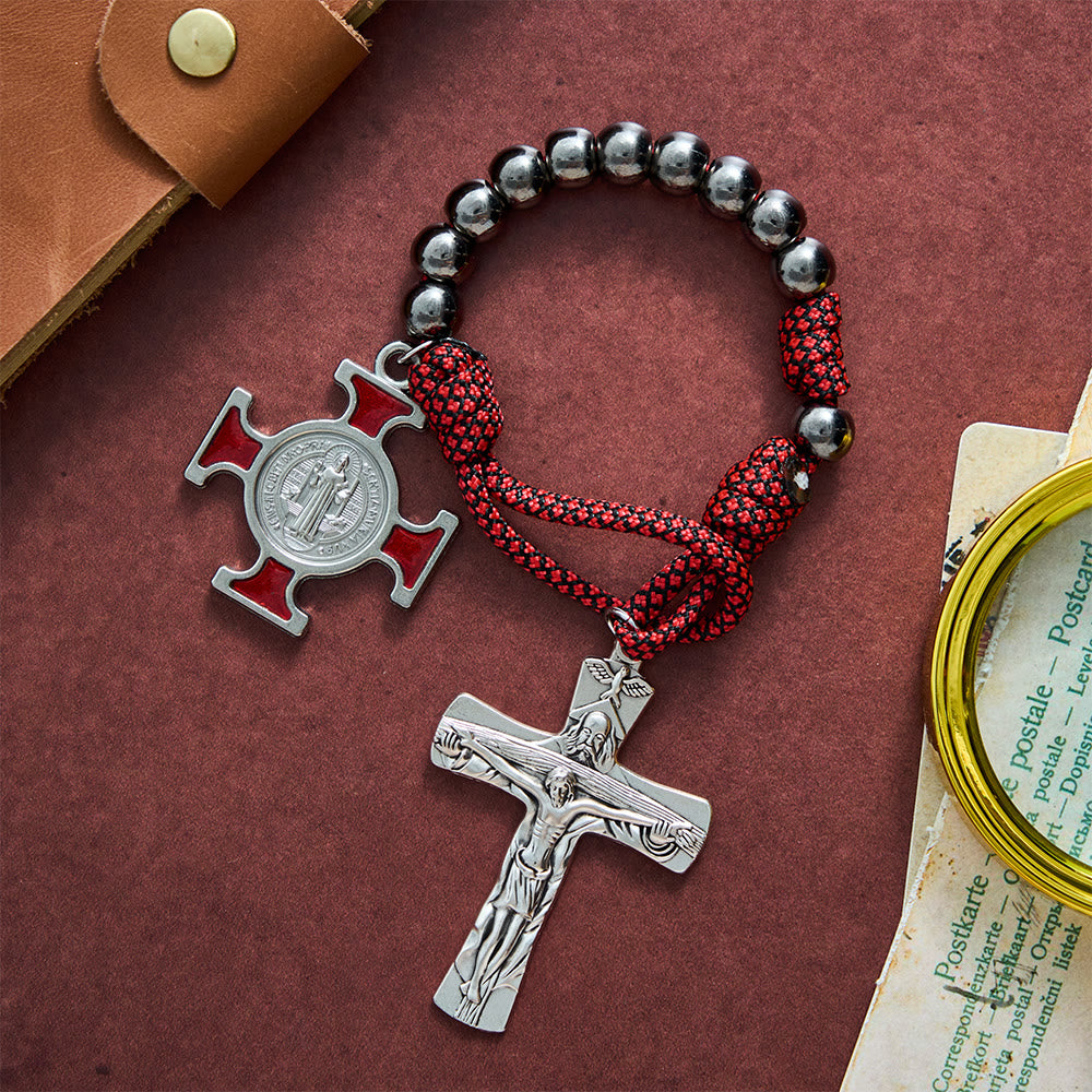 SolaceBeads Metallic Gunmetal Beads Holy Trinity Crucifix &amp; St. Benedict Pocket Rosary: Divine Strength - image 2