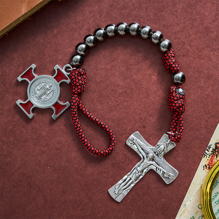 SolaceBeads Metallic Gunmetal Beads Holy Trinity Crucifix &amp; St. Benedict Pocket Rosary: Divine Strength - Metallic Gunmetal - image 0