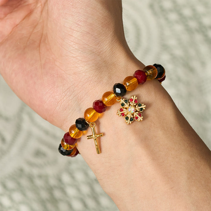 SolaceBeads Amber Glass &amp; Crystal Snowflake Crucifix Bracelet: Warm Light, Heavenly Peace - image 1