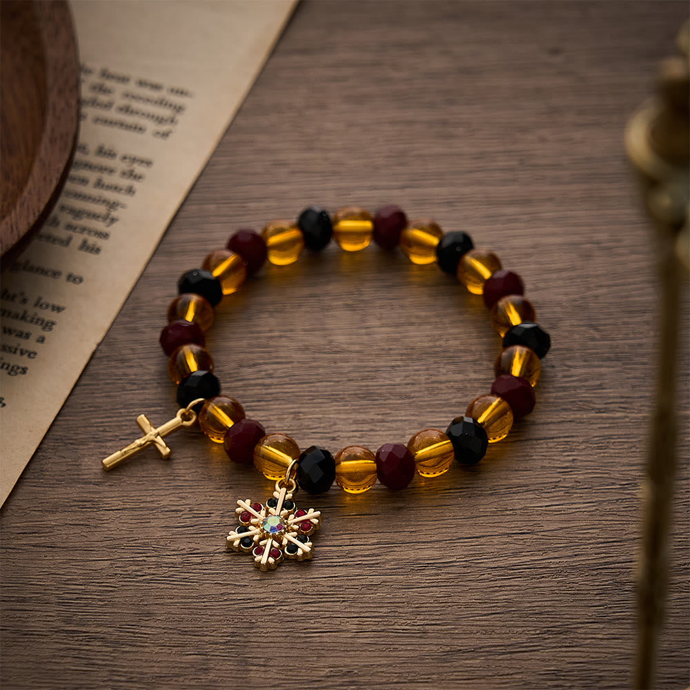 SolaceBeads Amber Glass &amp; Crystal Snowflake Crucifix Bracelet: Warm Light, Heavenly Peace - image 2