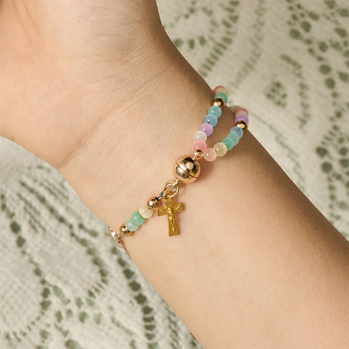 SolaceBeads Rainbow Cat Eye Rosary Bracelet With Guadalupe Medal &amp; Crucifix: The Colorful Blessing - image 2