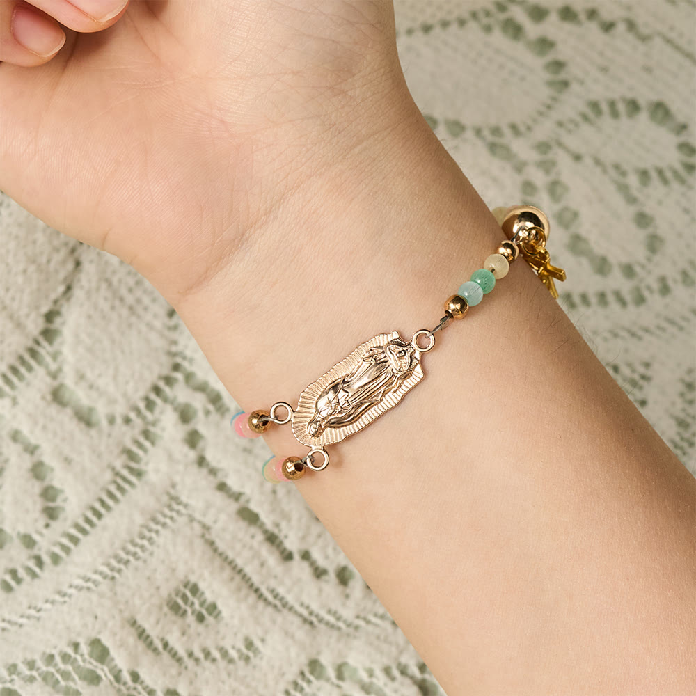 SolaceBeads Rainbow Cat Eye Rosary Bracelet With Guadalupe Medal &amp; Crucifix: The Colorful Blessing - image 3