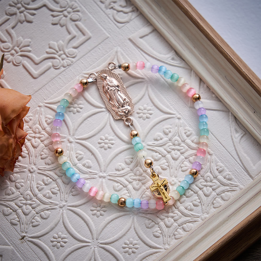SolaceBeads Rainbow Cat Eye Rosary Bracelet With Guadalupe Medal &amp; Crucifix: The Colorful Blessing - image 7