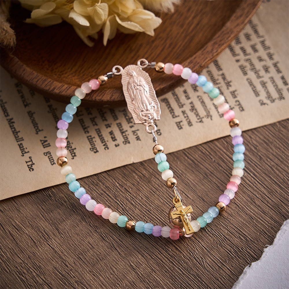 SolaceBeads Rainbow Cat Eye Rosary Bracelet With Guadalupe Medal &amp; Crucifix: The Colorful Blessing - Rainbow - image 0