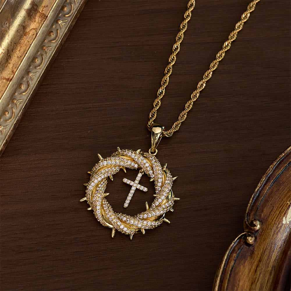 SolaceBeads Crown of Thorns Cross Cubic Zirconia Pendant Necklace: Peace in Sacred Grace - Gold - image 0
