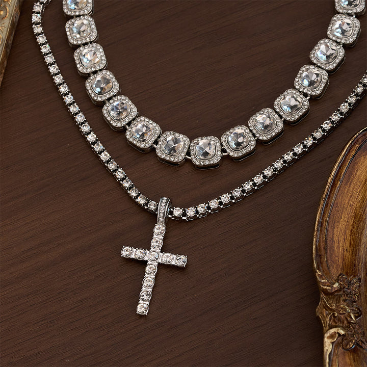 SolaceBeads Double-Layered Crystal Tennis Chain Cross Necklace: Design For Strength &amp; Success - Silver - image 0