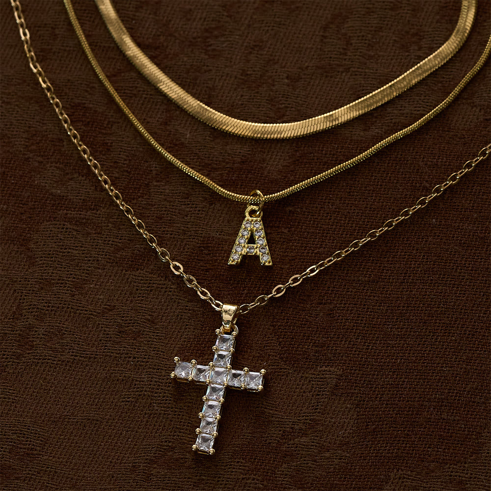 SolaceBeads Stainless Steel Cubic Zirconia Cross &amp; Initial Layered Necklace &amp; Pendant: Radiant Grace - Gold - image 0