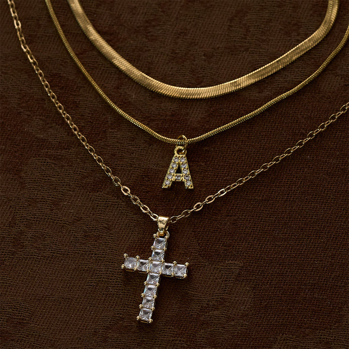 SolaceBeads Stainless Steel Cubic Zirconia Cross &amp; Initial Layered Necklace &amp; Pendant: Radiant Grace - Gold - image 0