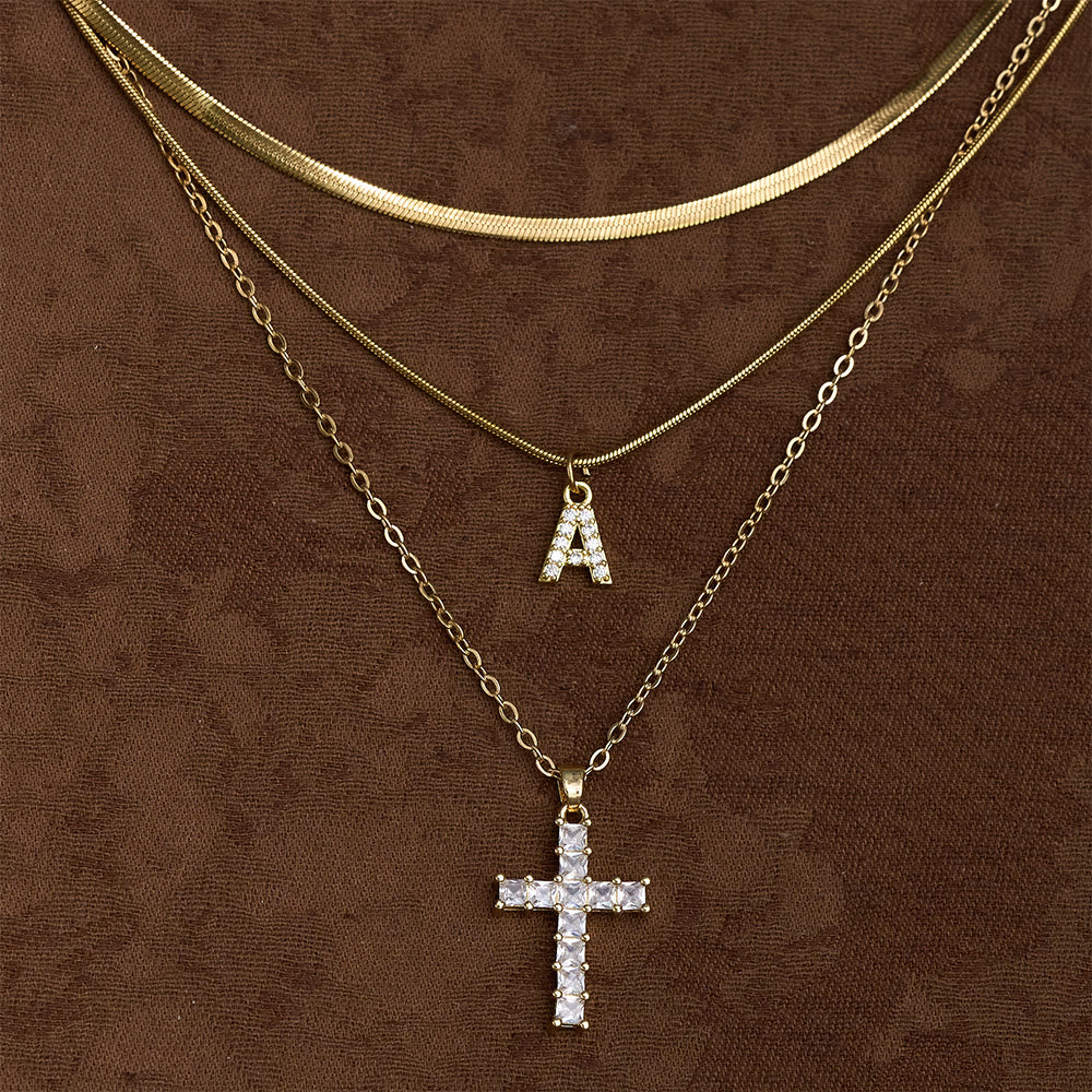 SolaceBeads Stainless Steel Cubic Zirconia Cross &amp; Initial Layered Necklace &amp; Pendant: Radiant Grace - image 1