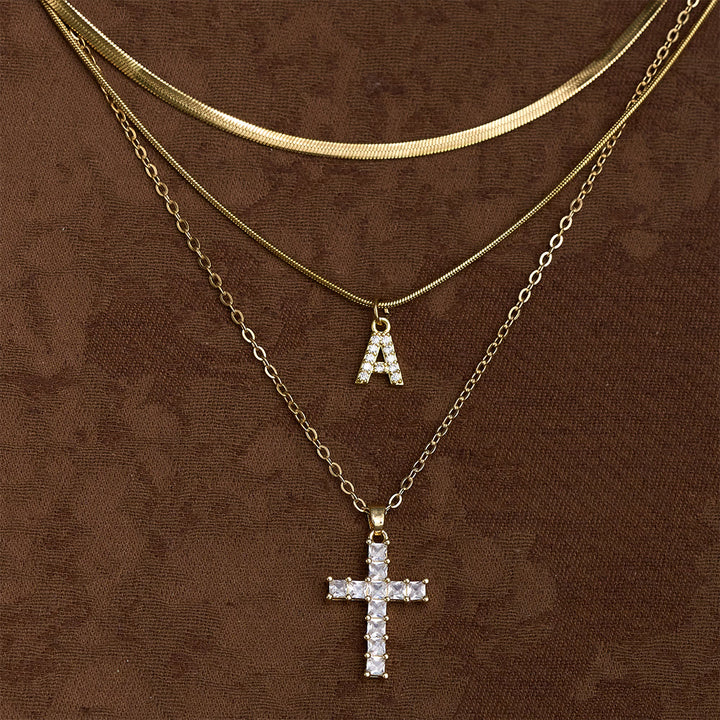SolaceBeads Stainless Steel Cubic Zirconia Cross &amp; Initial Layered Necklace &amp; Pendant: Radiant Grace - image 1