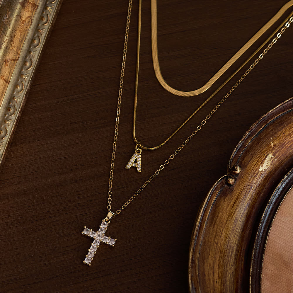 SolaceBeads Stainless Steel Cubic Zirconia Cross &amp; Initial Layered Necklace &amp; Pendant: Radiant Grace - image 2