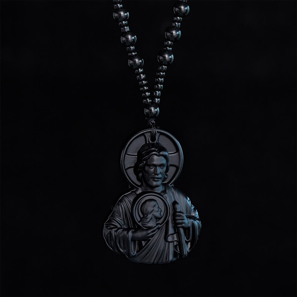SolaceBeads Carved Black Glass St. Jude Thaddeus Pendant Necklace: Peace in Hopeful Faith - image 1