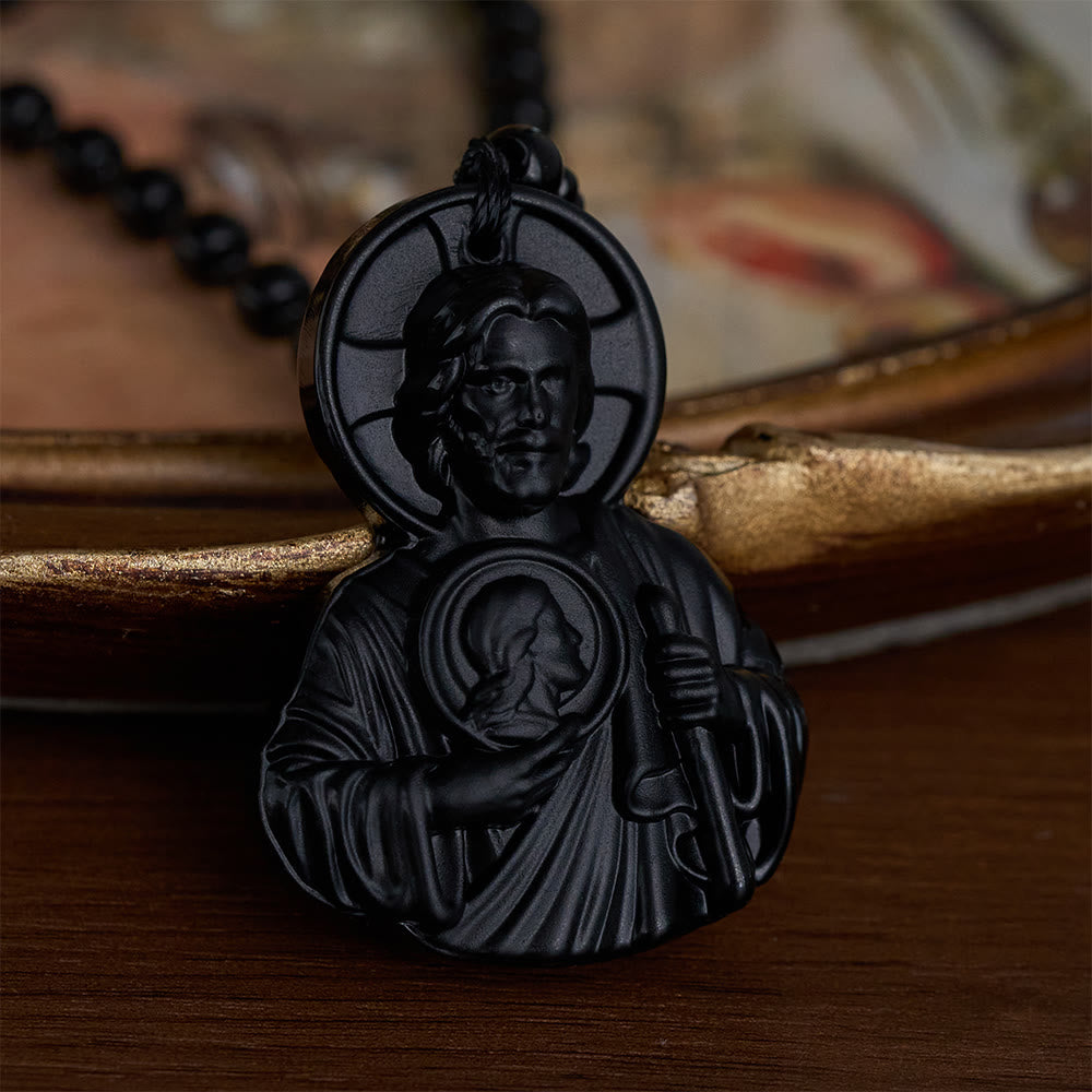 SolaceBeads Carved Black Glass St. Jude Thaddeus Pendant Necklace: Peace in Hopeful Faith - Black - image 0