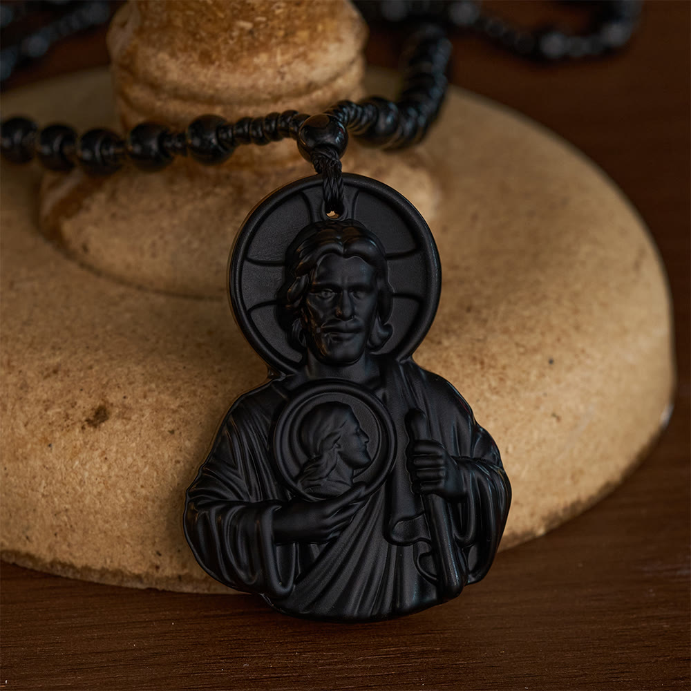 SolaceBeads Carved Black Glass St. Jude Thaddeus Pendant Necklace: Peace in Hopeful Faith - image 2