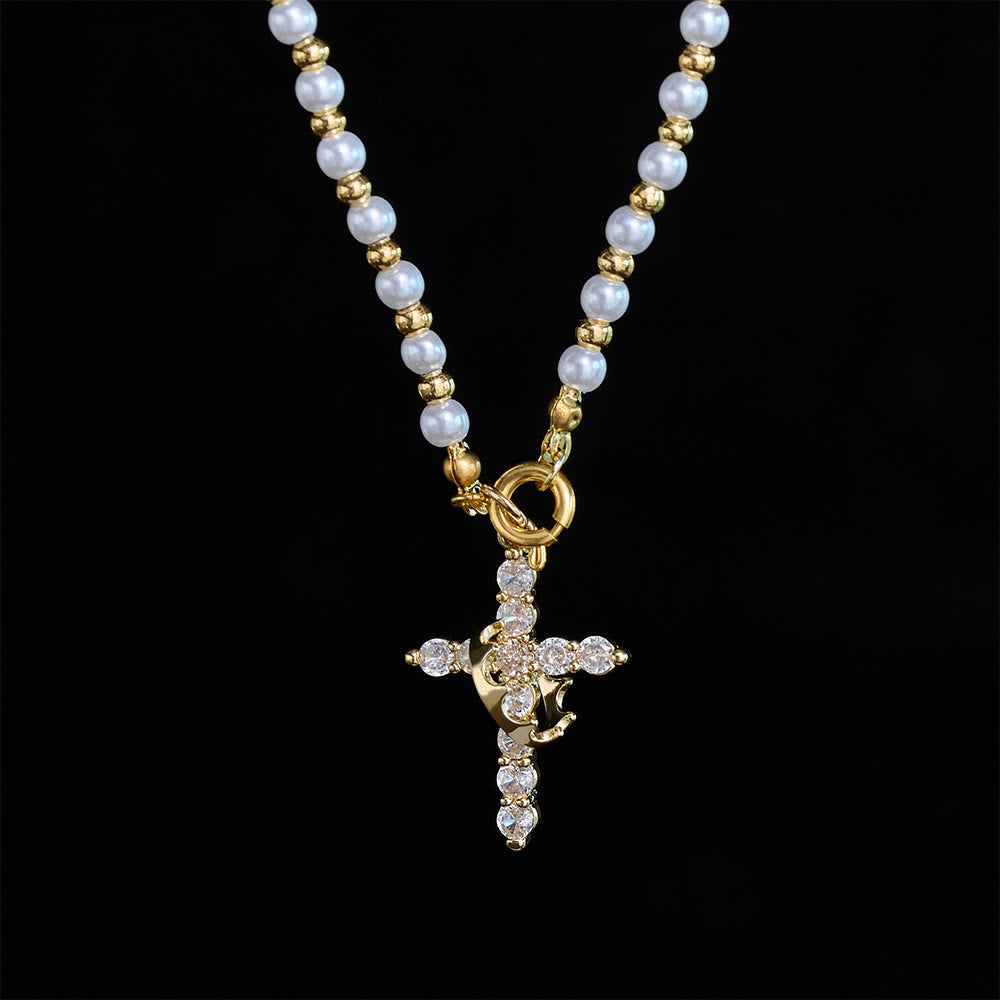 SolaceBeads Pearl &amp; Cubic Zirconia Spinning Crown Cross Necklace &amp; Pendant: Regal Grace - image 5