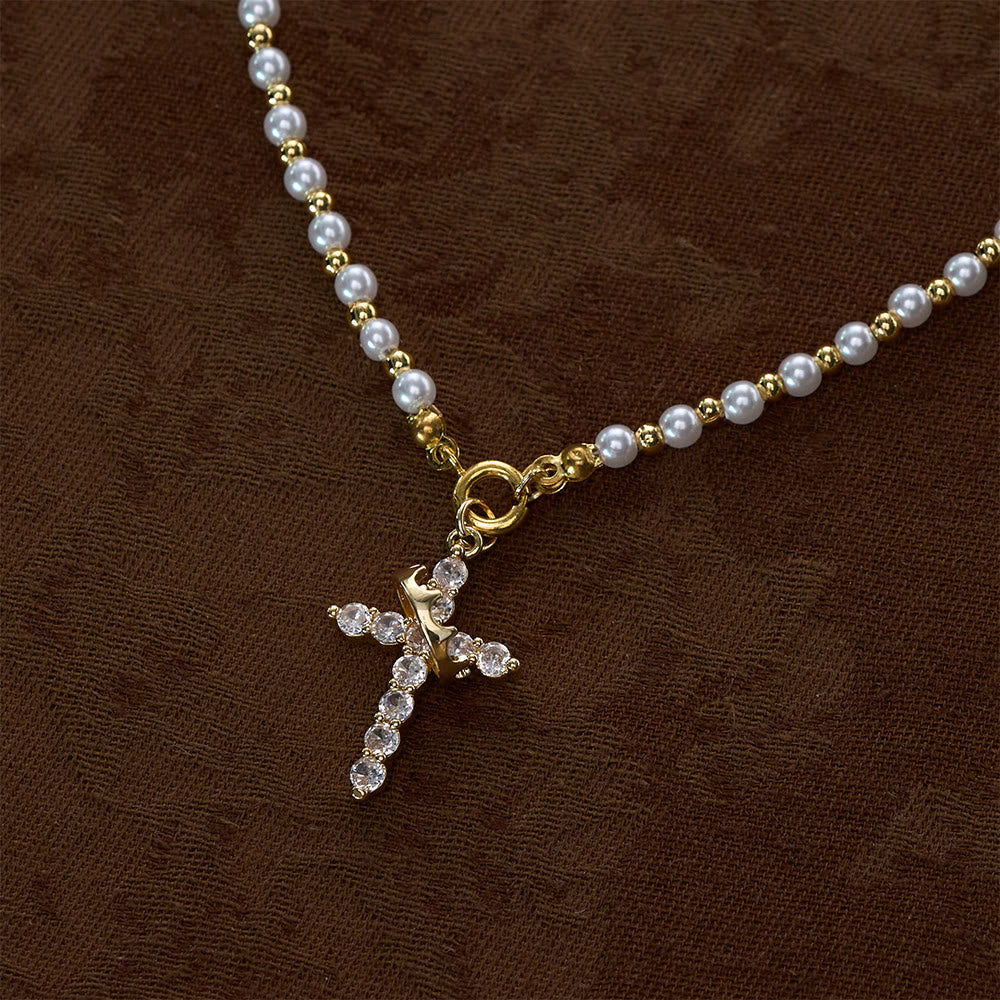 SolaceBeads Pearl &amp; Cubic Zirconia Spinning Crown Cross Necklace &amp; Pendant: Regal Grace - image 2