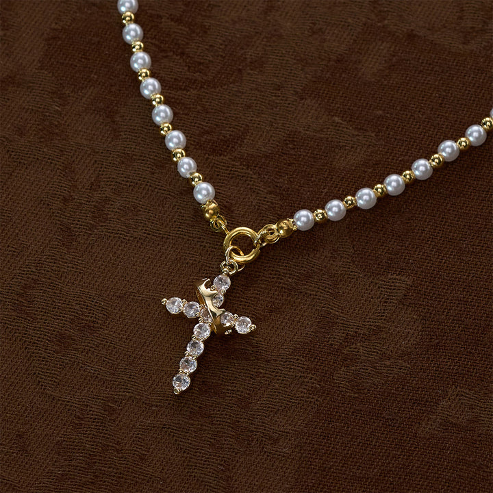 SolaceBeads Pearl &amp; Cubic Zirconia Spinning Crown Cross Necklace &amp; Pendant: Regal Grace - image 2