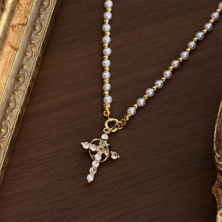 SolaceBeads Pearl &amp; Cubic Zirconia Spinning Crown Cross Necklace &amp; Pendant: Regal Grace - image 3