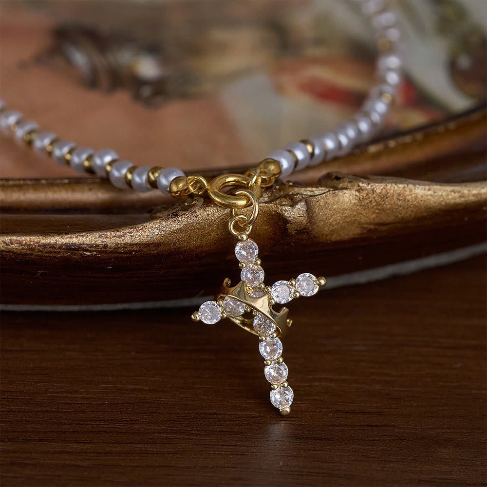 SolaceBeads Pearl &amp; Cubic Zirconia Spinning Crown Cross Necklace &amp; Pendant: Regal Grace - Gold - image 0