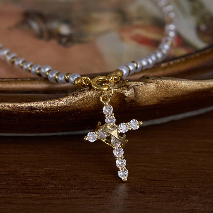 SolaceBeads Pearl &amp; Cubic Zirconia Spinning Crown Cross Necklace &amp; Pendant: Regal Grace - Gold - image 0