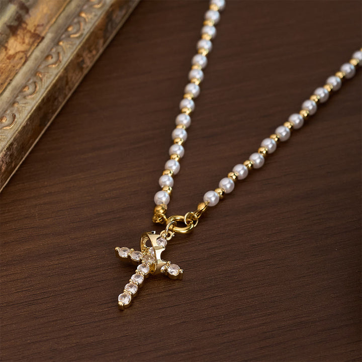 SolaceBeads Pearl &amp; Cubic Zirconia Spinning Crown Cross Necklace &amp; Pendant: Regal Grace - image 4